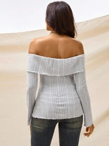 Boho Mama 孕妇纯色露肩喇叭袖荷叶边条纹单排扣T恤 - 灰色 - 查看 4