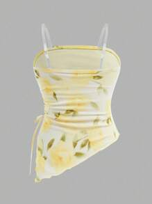 Tween Girls' Summer Casual Fashionable Fitted Asymmetrical Hem Transparent Strap Tube Top - Mustard Yellow - View 2