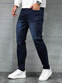 Manfinity Homme 大码男士经典深蓝色修身复古休闲百搭牛仔裤 - 藍色 - 查看 3