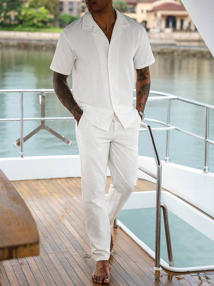 Manfinity Homme Men's Simple Solid Color Front Button Short Sleeve Shirt And Pants Set, Summer Men Cruise Outfit Men All White Beach Set Vacation Two Piece Set Men Men White Linen Outfit, Old Money, Cozy Outfits - White - View 1