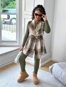 Sparklyn Bộ 3 áo vest kẻ caro thường ngày cho bé gái tuổi teen kèm thắt lưng + quần legging dài tay có gân, trang phục đa năng phù hợp để mặc hàng ngày, đi học mùa thu đông - xanh quân đội - Xem 5
