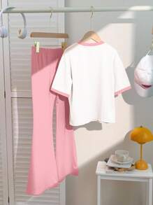 SHEIN Leap Crew 2 件套青少年女孩休闲草莓和水豚印花短袖圆领 T 恤搭配喇叭裤夏季套装 - 彩色 - 查看 2