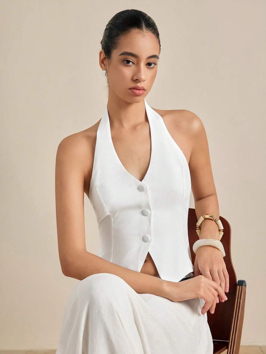 Airaco 夏季休閒前扣無背後繫頸上衣 - 白色 - 查看 1