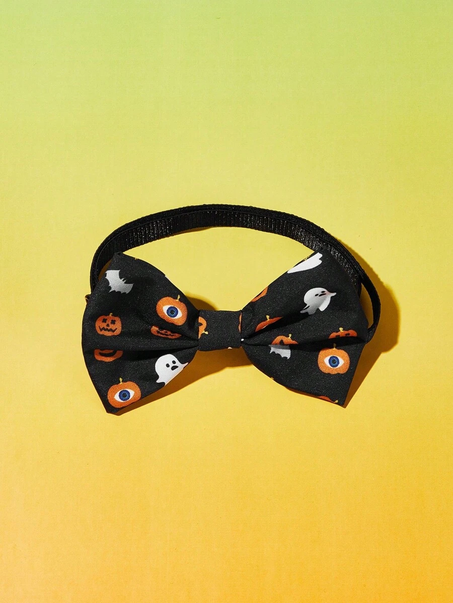 PETSIN 1 pieza Corbata de moño con estampado de fantasma y calabaza para mascotas, corbata de moño elástica impresa para gatos y perros, disfraz y regalo de Halloween - Negro - Ver 1