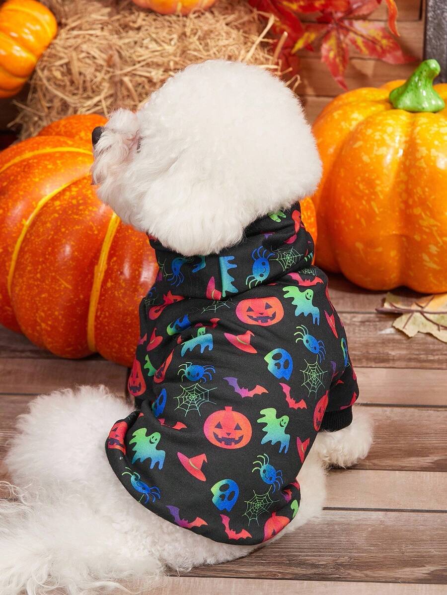 PETSIN Halloween Patterned Hooded Sweatshirt With Colorful Halloween Elements - Multicolor - View 1