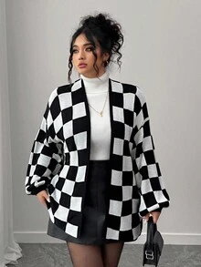 Elenzga Gothic Academia Check Detail Halloween Autumn/Winter Fashion Casual Color Block Checkerboard Patchwork Women Loose Fit Plus Size Cardigan, Outerwear Suitable For Outing, Vacation, Party Black And White Checkered Cardigan