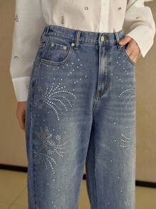 MOTF PREMIUM JEANS DE PIERNA RECTA CON AJUSTE HOLGADO Y ADORNOS DE RHINESTONE ELEGANTES - Azul - Ver 2