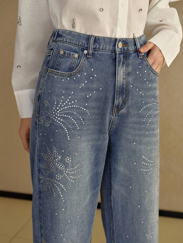 ELEGANT RHINESTONE EMBELLISHED STRAIGHT LEG LOOSE FIT JEANS
