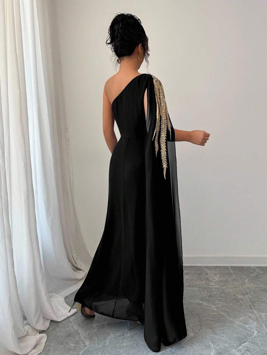 Rafferiza Rochie elegantă de lux pentru femei, cu un umăr, din plasă, cu aplicații brodate aurii, linie A - imagine 2