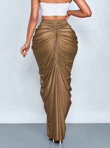 SOLERSUN 女士时尚纯色褶皱半身裙 - 摩卡棕 - 查看 2