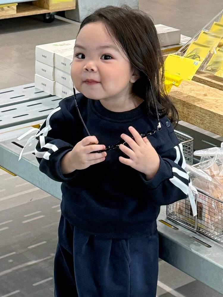 Baby Girls' Round Neck Bowknot Decor Korean Style Cute Long Sleeve Solid Color Side Stripe Sweatshirt Fall, Winter Clothes