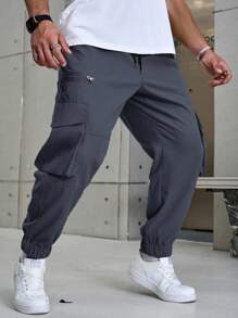 Manfinity Homme Men Plus Size Drawstring Waist Cargo Pocket Casual Pants, Fall - Dark Grey - View 4