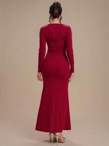 Modelyn Women's Solid Color Draped Neck Long Sleeve Fitted Elegant Dress