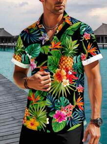 Manfinity RSRT 时尚休闲成熟热带植物菠萝组合元素全身数码印花图案常规版型男士短袖衬衫，适合夏季户外、约会、派对、情侣装、男友礼物 - 彩色 - 查看 5