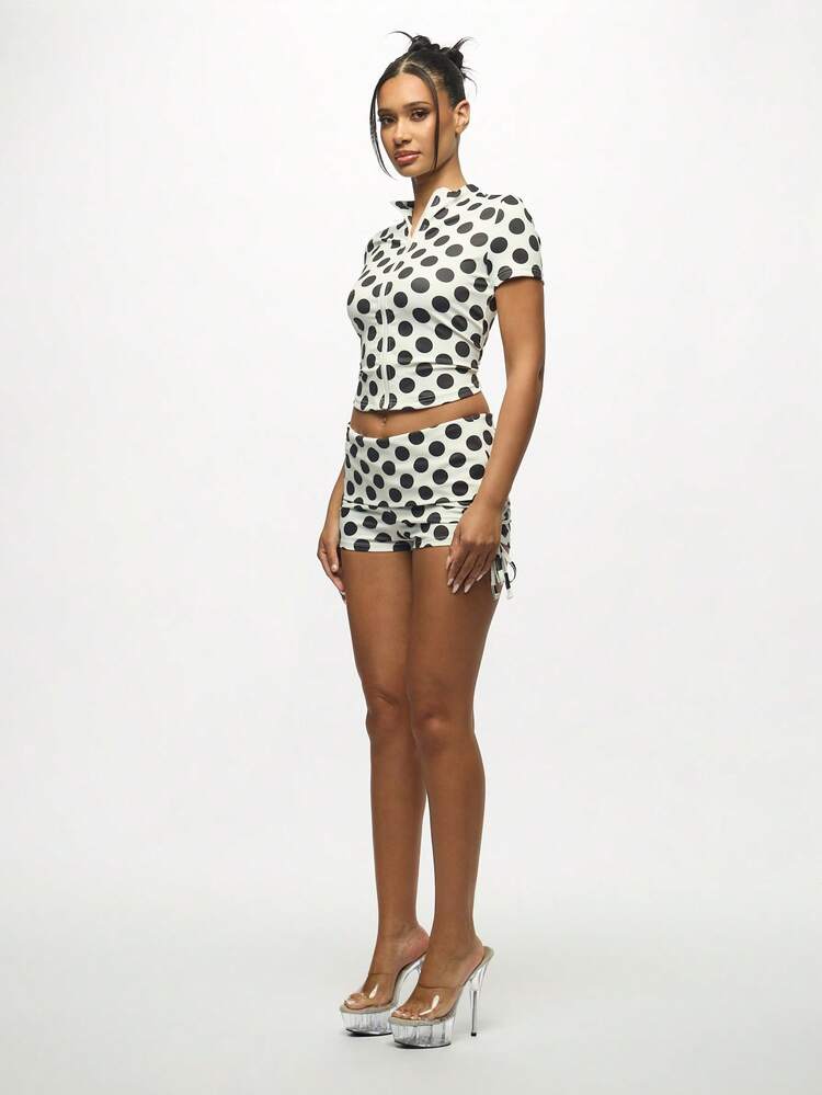 SUMWON WOMEN Polka Dot Zip Through Crop Top With Collar