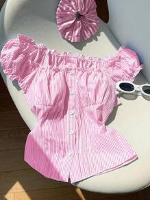 Comfortcana Blusa de mujer de verano con mangas abullonadas y rayas rosas