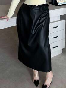Dazy Plus PU Leather Waistband Design Fitted Long Straight Skirt, Plus Size For Autumn/Winter - Black - View 5