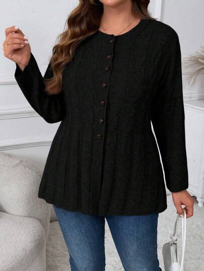 Plus Size Women Twist Pattern Long Sleeve Single Breasted Casual Black Cardigan Winter Fall Autumn, For Woman
