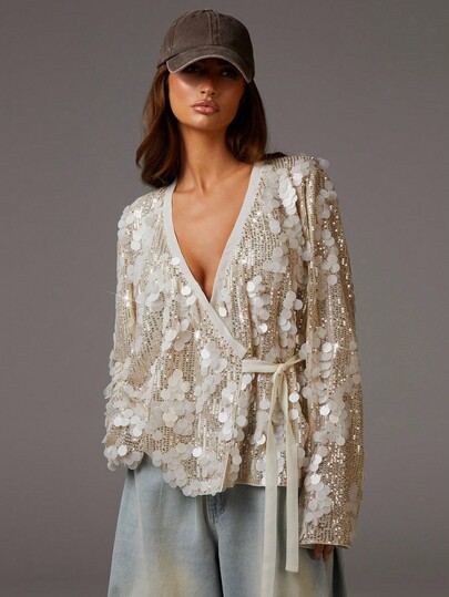 Athîral Blouse de mode à manches longues ample avec liens latéraux pailletés pour femmes