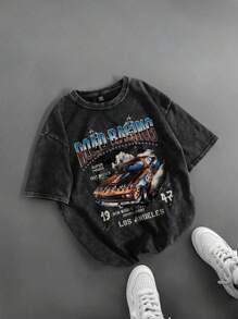 SHEIN Maglietta a maniche corte in maglia con stampa di lettere da corsa, scollo tondo, per ragazzi pre-adolescenti, casual, versatile e confortevole, adatta per andare a scuola, tempo libero quotidiano, vacanze, sport, adatta per primavera ed estate e festival