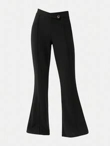 Girlism 少女优雅纯色舒适不对称腰黑色喇叭裤