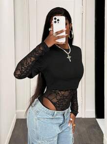 BamGleam 女士长袖性感蕾丝紧身衣 - 黑色 - 查看 5