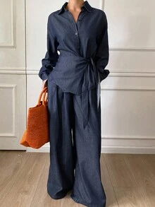DAZY 女士宽松侧系带长袖衬衫和阔腿裤两件套休闲牛仔套装，度假和都市休闲 - 深色水洗藍 - 查看 1