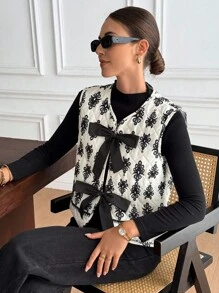 Serisse 女款復古優雅對比色蝴蝶結裝飾保暖加厚外套，秋季休閒日常白天穿著，黑白配色 - 杏色 - 查看 6