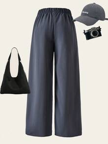 SHEIN Explorewe 1 szt. Dziewczęce spodnie z teksturowanej tkaniny premium, białe, casualowe, wysokiej jakości, wygodne, długie, nowa letnia kolekcja