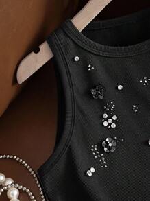SHEIN Unity Women's Black Cotton-Blend Stretch Tank Top,Handcrafted Beaded 3D Floral Embellishments Summer Elegant Brunch Country Concert Punk Homecoming Tops - Black - View 5