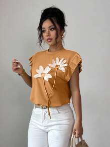Elenzga 女式休闲宽松 3D 花卉荷叶边袖孔 T 恤，夏季 - 摩卡棕 - 查看 3