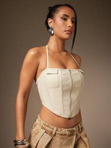 Hauture Women's Solid Color Zip Front Cropped Halter Top - Light Grey - View 3