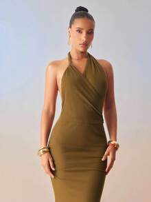 Hauture 女式性感扭领露背弹力柔软舒适夏季针织度假派对连衣裙 - 綠色 - 查看 6