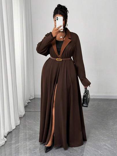 Maweii 大码女式撞色翻领长袖长款休闲夹克