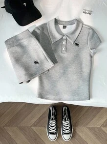 Elamini Women's Casual Minimalist Polo Collar Horse Embroidery Fitted T-Shirt + Mini Low-Waist Skirt Pants Set - Grey - View 5