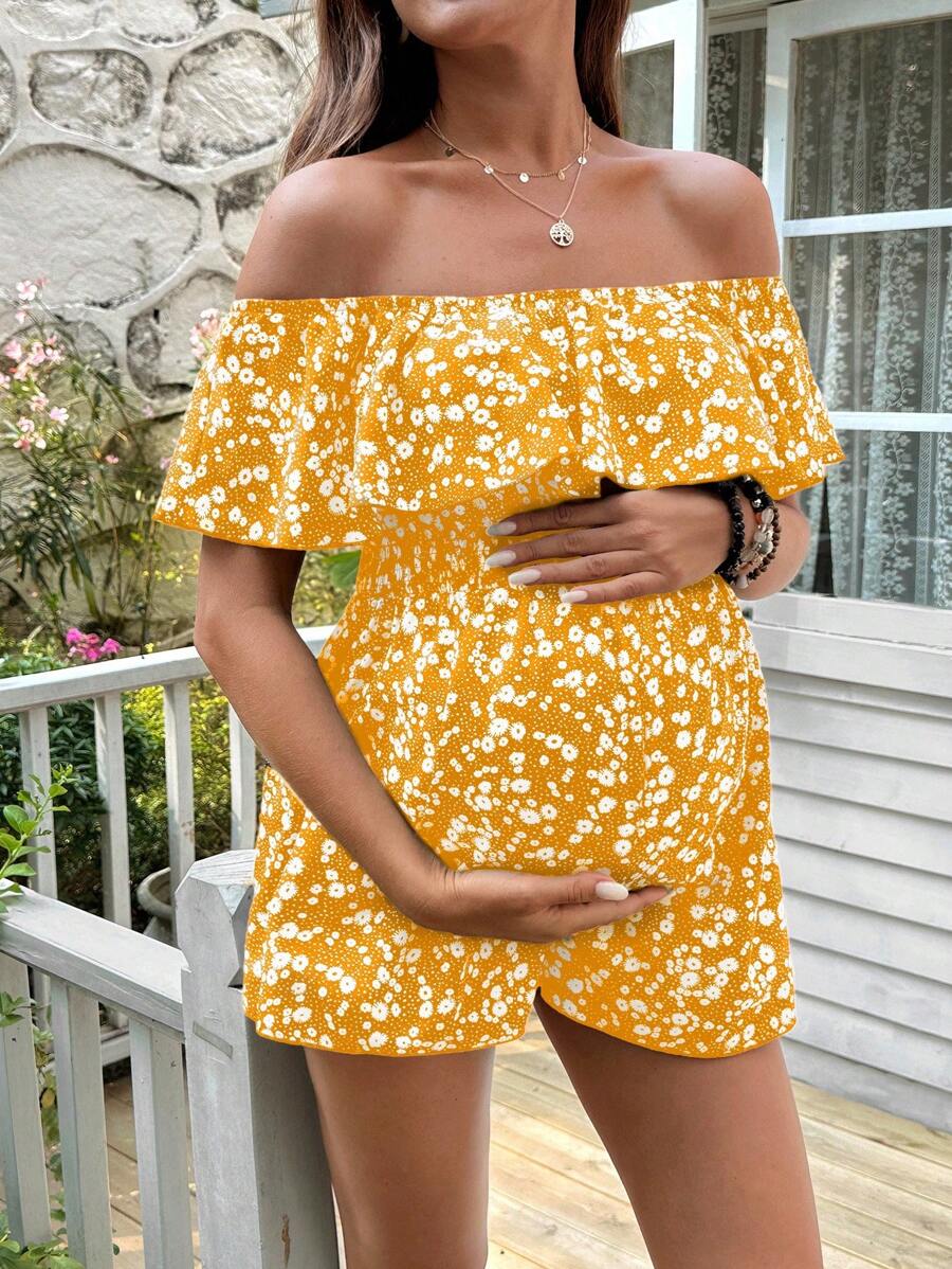 SHEIN Ruched Shoulder Ruched Waist Floral Maternity Jumpsuit - Yellow - View 1