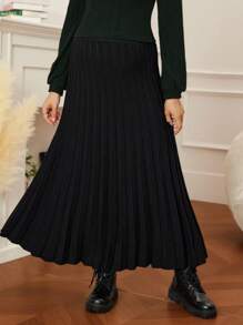 SHEIN Vestido de punto de unicolor para maternidad, falda plisada de línea A de cintura alta