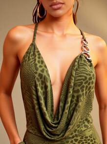 Hauture Đầm hở vai cổ xếp ly xẻ tà họa tiết động vật dành cho nữ - màu xanh lá - Xem 5