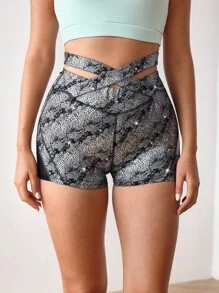 Menodora SHEIN Sport Short de sport pour femmes avec texture métallique, motif peau de serpent et découpes croisées - Rose vif - Voir 4