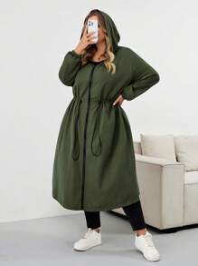 SHEIN CURVE+ 女式纯色抽绳连帽防水长袖风衣加大码连帽夹克加大码雨衣 Curve 秋季夹克 8xl 女装加大码橄榄绿夹克女装秋装、冬季、CURVE PLUS 秋冬 - 軍綠色 - 查看 7