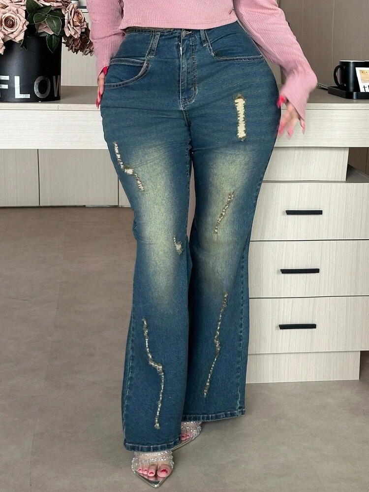 Dazy Plus Water-Washed Distressed Elastic Slim Flare Jeans, Streetwear Style, Plus Size For Women, All Season