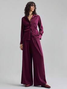 Ontre 现代都市风格，简约舒适，松紧腰带斜纹面料裤，日常/通勤/休闲装，商务休闲装，2025年新款，初秋 - 酒紅色 - 查看 3