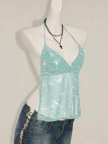 SHEIN ICON Women's Y2K Sexy Sequin Mesh Backless Halter Crop Top Light Blue Sequined Tank Top - Blue - View 6