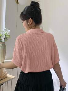 Dazy Plus Valentine Apricot Basic Polo Collar Embroidered Turndown Collar Short Sleeve Summer Plus Size T-Shirt - Pink - View 2