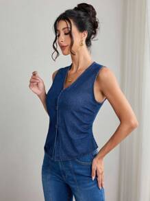 Elenzga 女式V领单排扣休闲牛仔背心 - 深色水洗藍 - 查看 4