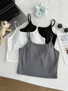 SHEIN Girlism Bộ 3 áo ba lỗ bó sát dành cho bé gái tuổi teen, màu đen/trắng/xám, áo ba lỗ thông thường đa năng, phù hợp với mọi mùa - Nhiều màu - Xem 6