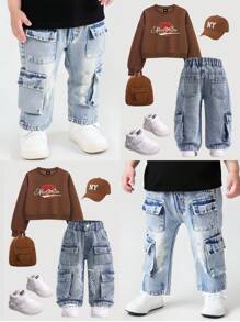 Calças Denim para Bebês Meninos, Denim Casuais Confortáveis com Cintura Elástica Rasgada Lavados em Azul para Bebês e Crianças Pequenas + Design de Múltiplos Bolsos Calça Cargo de Perna Reta, Estilo de Moda de Rua, Adequado para Primavera, Outono e Inverno - Lavagem clara - Visão 7