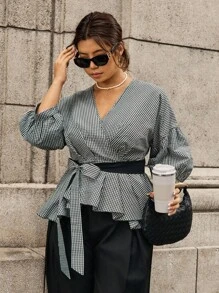 Calvaya Plus Size Women's Plaid Contrast Color Belt Waist Overlap V-Neck Puff Sleeve Mid-Sleeve Retro Elegant Blouse - Black and White - View 5