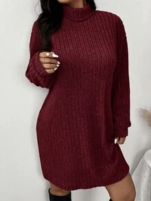 SHEIN Frenchy 休闲简约高领罗纹拉绒连衣裙，加大码，适合秋冬休闲居家穿着 - 酒紅色 - 查看 3