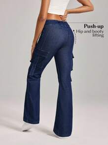 Flexra Calça Denim Feminina Casual, Versátil, Cintura Fina e Perna Flare, Para Uso Diário - Azul - Visão 2